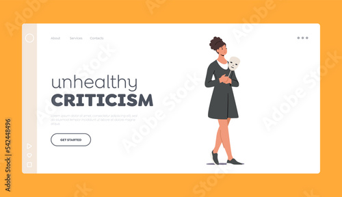 Unhealthy Criticism Landing Page Template. Woman Covering Face With Indifferent Mask Expressing Fake Emotion, Impostor