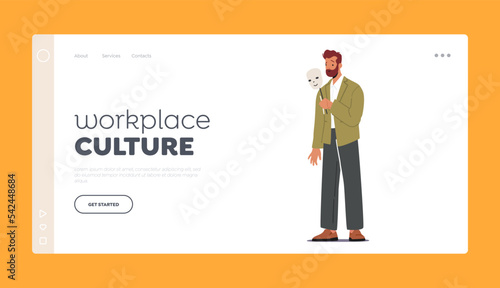 Workplace Culture Landing Page Template. Unhappy Male Character With Happy Smiling Mask. Imposter Syndrome, Hypocrisy