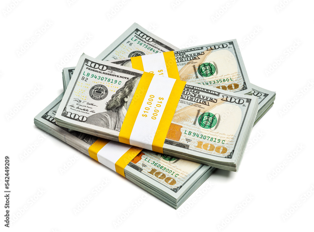 Creative business finance making money concept - stack of bundles of 100 US dollars 2013 edition banknotes bills isolated on white Creative business finance making money concept - stack of bundles of 100 US dollars 2013 edition banknotes bills isolated on white