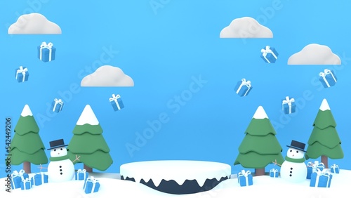 Fototapeta Naklejka Na Ścianę i Meble -  3D Winter sale product banner, podium platform with geometric shapes, pine tree and snowman
