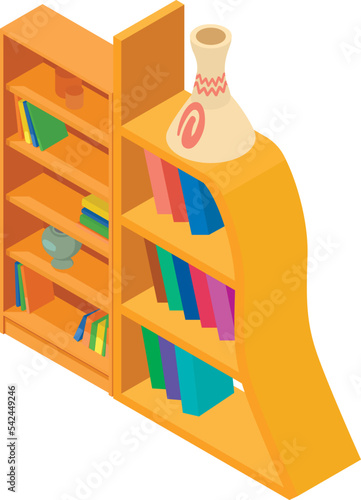 Bookcase icon isometric vector. Wooden bookcase with multi coloured book icon. Home furniture, modern interior