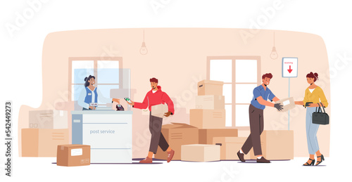People In Post Office, Postal Service Concept. Send Parcels, Throw Letter In Mail Box, Characters In Department