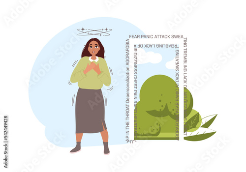 Scared Woman Afraid of Leaving Home. Introversion, agoraphobia, Public Spaces Phobia psychological Concept. Mental Illness, Stress, Social Anxiety Disorder, Panic Attack
