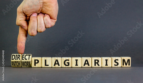 Direct or patchwork plagiarism symbol. Concept words Direct plagiarism Patchwork plagiarism on cubes. Businessman hand. Beautiful grey background. Direct or patchwork plagiarism concept. Copy space.