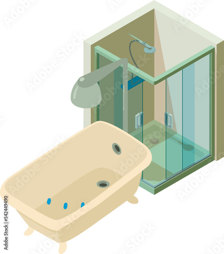 Bathroom interior icon isometric vector. New shower cubicle and bath with shower. Bathroom, modern equipment