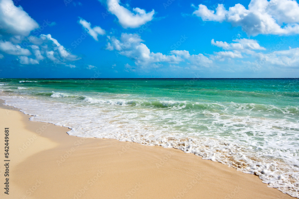 Beautiful beach and waves of Caribbean Sea, Riviera Maya, Mexico