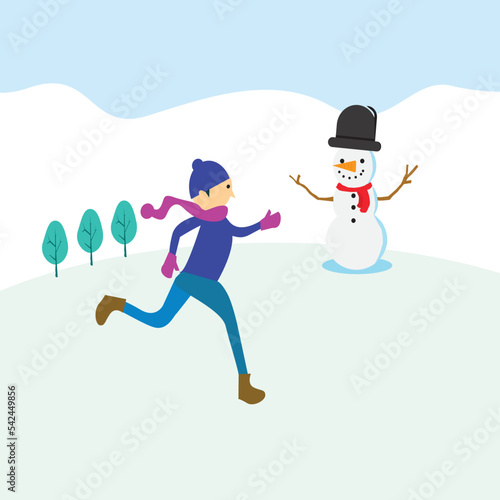 Kid playing outdoors in winter.  Play snow fun.  Vector  illustration  holiday.