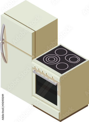 Home appliance icon isometric vector. Twochamber refrigerator and electric stove. Modern kitchen appliance