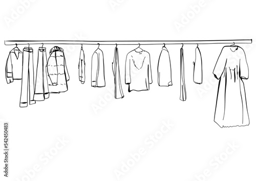 Hand drawn wardrobe sketch. Clothes on the hangers. Dress