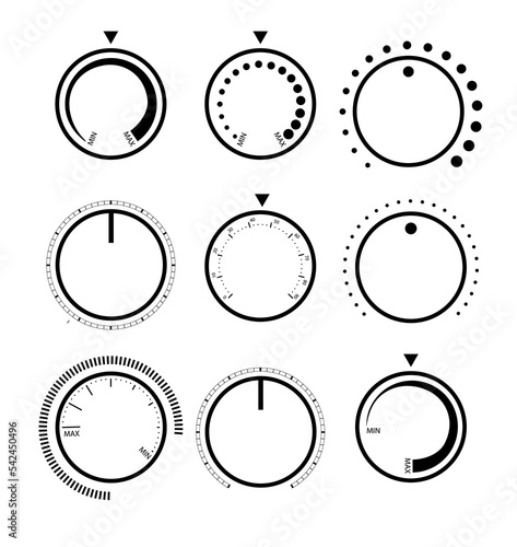 Adjustment dial. Rotary dials with round scale volume level knob and round controller