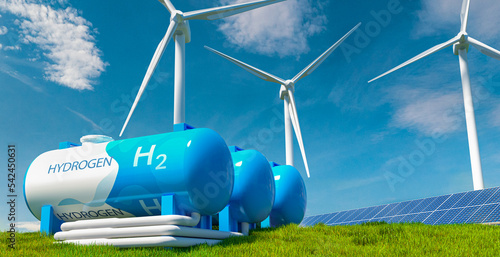 Green Hydrogen renewable energy production pipeline - green hydrogen gas for clean electricity solar and windturbine facility