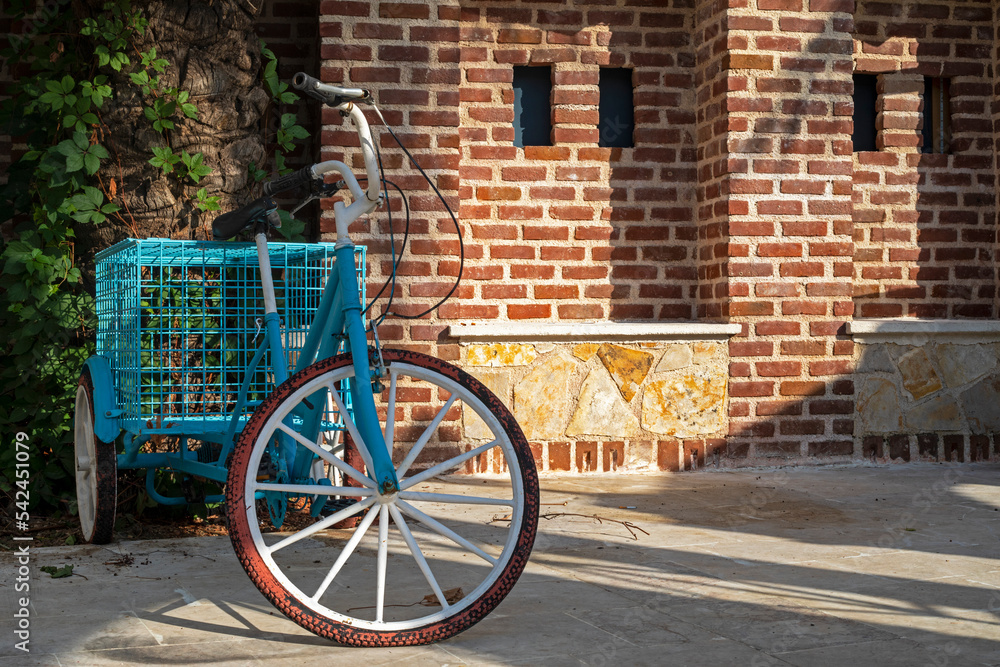 bicycle with a trolley stands near a brick wall. Fast shipping