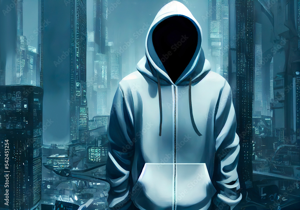wallpaper with a hacker wearing a hoodie standing in a futuristic