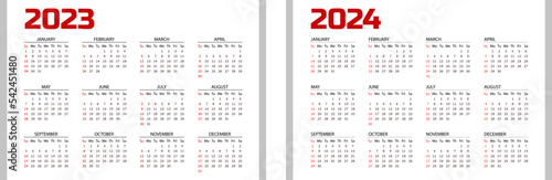 Horizontal red pocket calendar on 2023 and 2024 year. Vector template