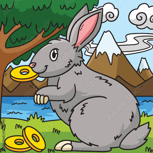 Rabbit Biting Coin Colored Cartoon Illustration