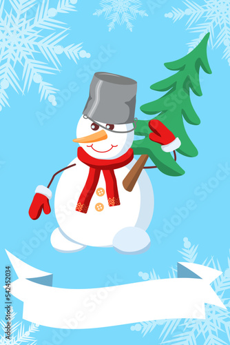 Christmas illustration with a happy snowman holding a fir tree on a blue background with snowflakes and a text box.