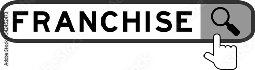 Search banner in word franchise with hand over magnifier icon on white background