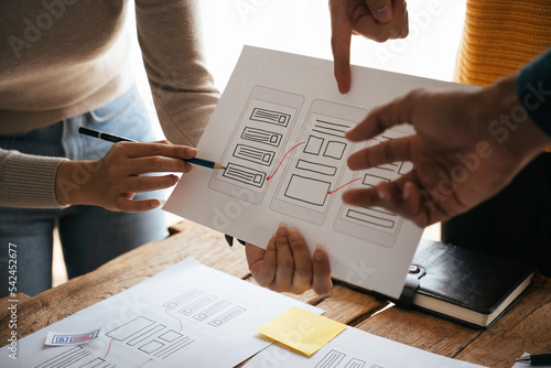 Obraz na płótnie ux Graphic designer creative sketch planning application process development prototype wireframe for web mobile phone . User experience concept.