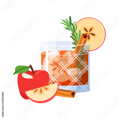 Apple old fashioned cocktail with rosemary and spice vector isolated on white background. Autumn alcohol drink illustration