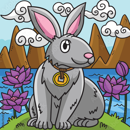 Rabbit in Lotus Garden Colored Cartoon 
