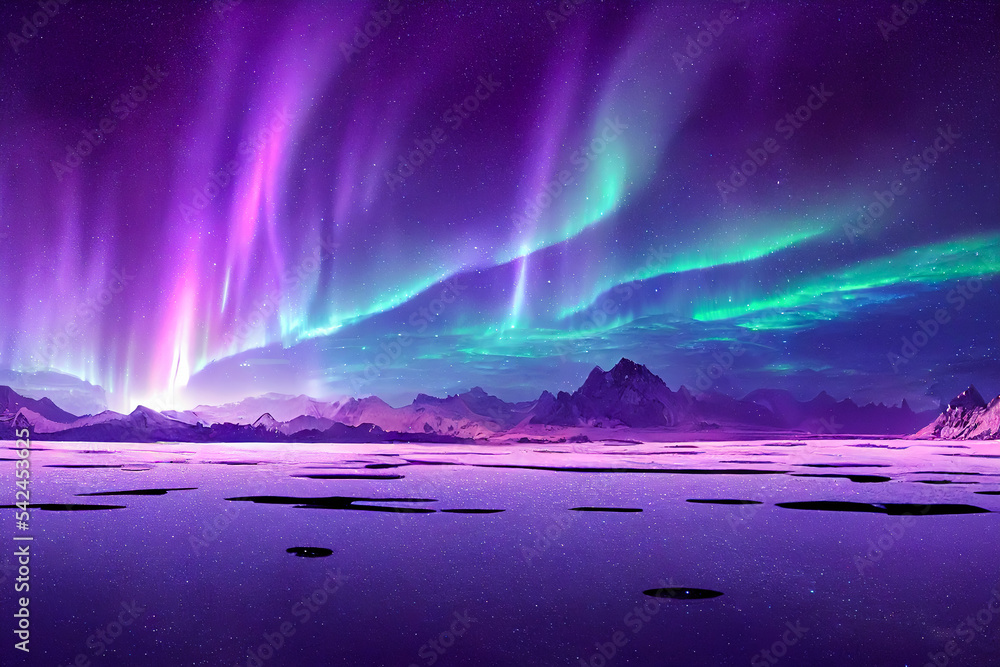 Norway.　above　Natural　polar　Night　aurora　northern　winter　Aurora　sky　on　surface.　and　Backpack　water　lights.　back　lights　on　reflection　with　borealis　Green　landscape　with　the　Night　mountains.　the
