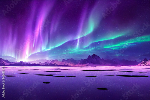 Aurora borealis on the Norway. Green northern lights above mountains. Night sky with polar lights. Night winter landscape with aurora and reflection on the water surface. Natural back photo