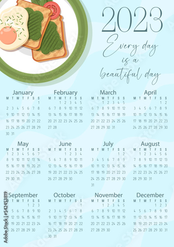Vector. Calendar 2023. Food, breakfast. scrambled eggs, toast and avocado.Healthy lifestyle.