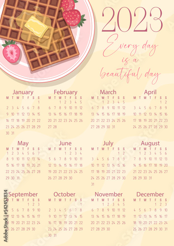 Vector. Calendar 2023. Waffles and strawberries. Healthy lifestyle.