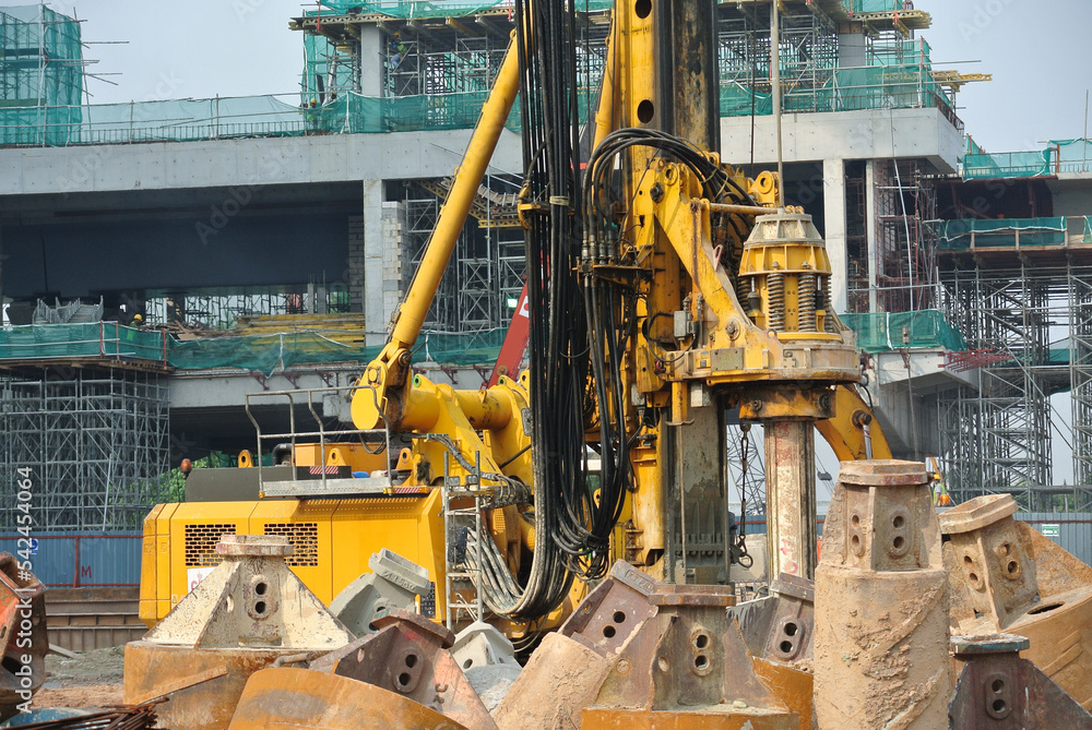 MALACCA, MALAYSIA -MARCH 12, 2015: Bore pile rig machine at the construction site in Malacca, Malaysia. The machine used to driven pile for building foundation work.