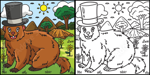 Groundhog with Top Hat Coloring Page Illustration