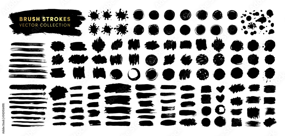 Hand drawn vector brush strokes mega collection. Black ink paint spots backgrounds set. Grunge artistic paint blobs highlights backgrounds. Abstract line, stains shapes, scribble circle design element