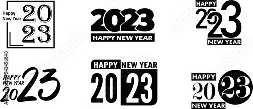 Big Set of 2023 Happy New Year logo text design. 2023 number design template. Collection of 2023 Happy New Year symbols. Vector illustration with black labels isolated on white background.
