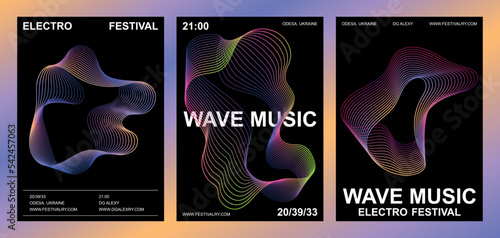 Set 3 abstract music posters, line pattern vector style, modern black background design, trendy gradient, sound amplitude, dynamic smooth shape. Minimalist print template, banner cover flyer, festival