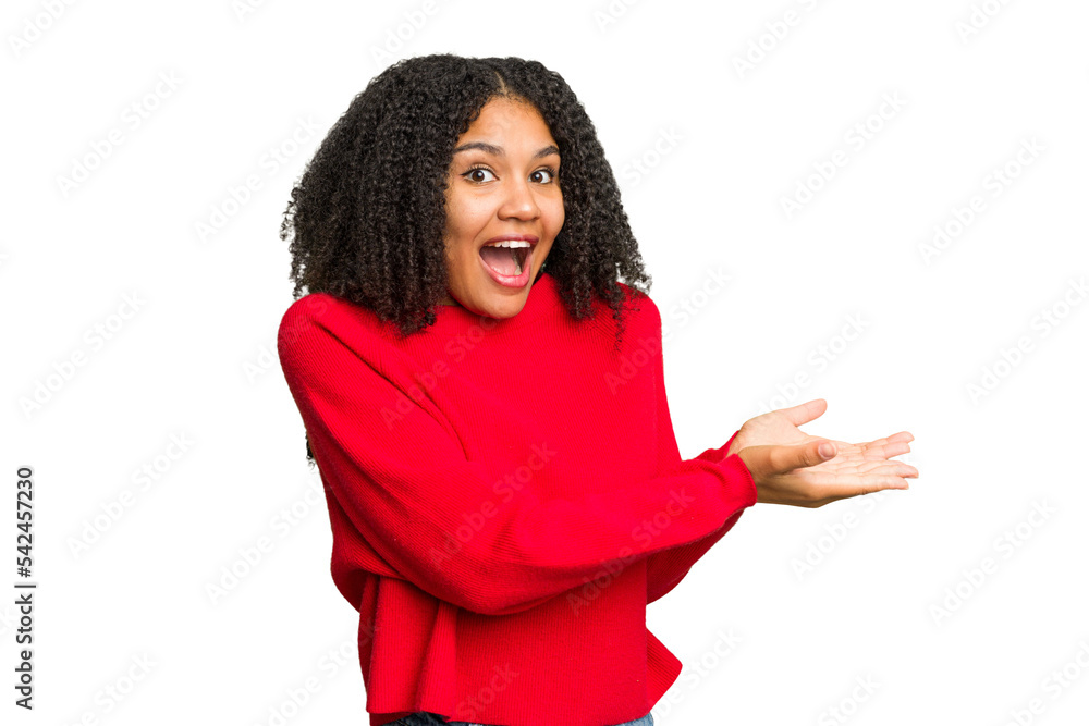 Young african american woman isolated holding a copy space on a palm. Young african american woman isolated holding a copy space on a palm.