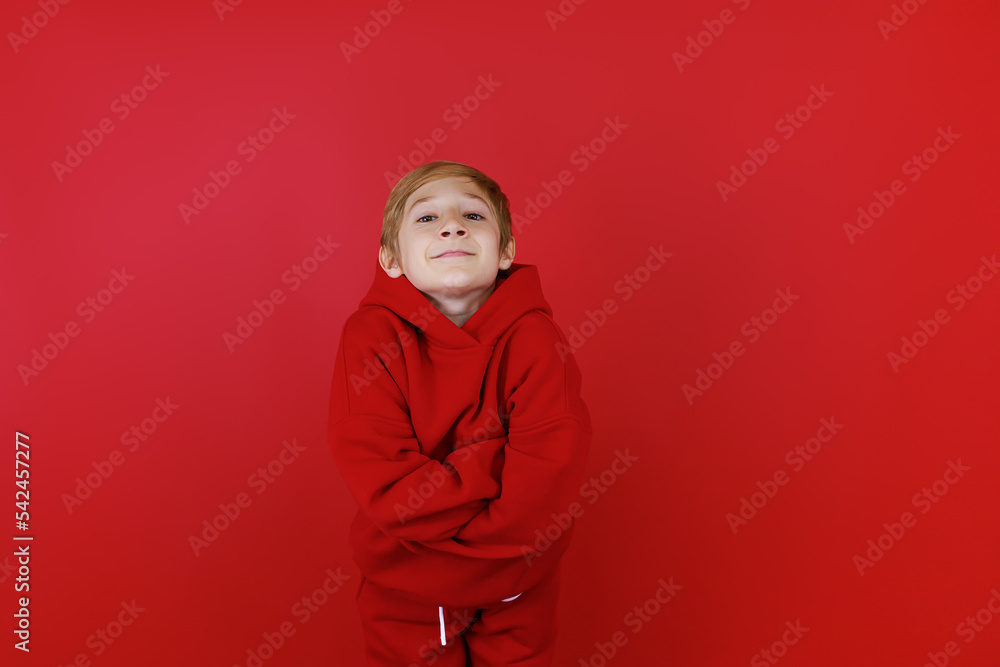 Fototapeta premium a boy in a red suit folded his hands in front of him and shows they are contentment