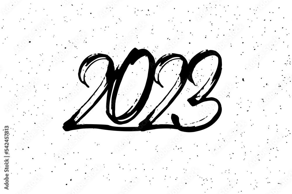2023 New Year Greeting card design template with  calligraphy . Black number 2023 hand drawn lettering on white vintage subtle grunge background. Vector illustration.