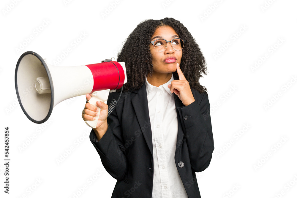 Young african american business woman holding and screaming with a megaphone isolated Young african american business woman holding and screaming with a megaphone isolated