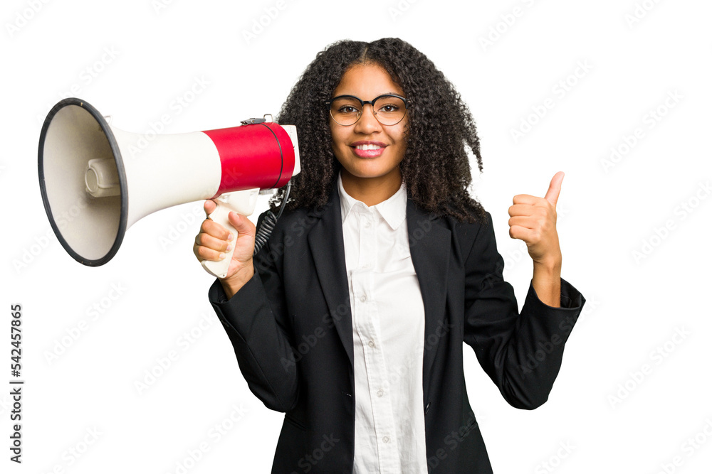 Young african american business woman holding and screaming with a megaphone isolated Young african american business woman holding and screaming with a megaphone isolated