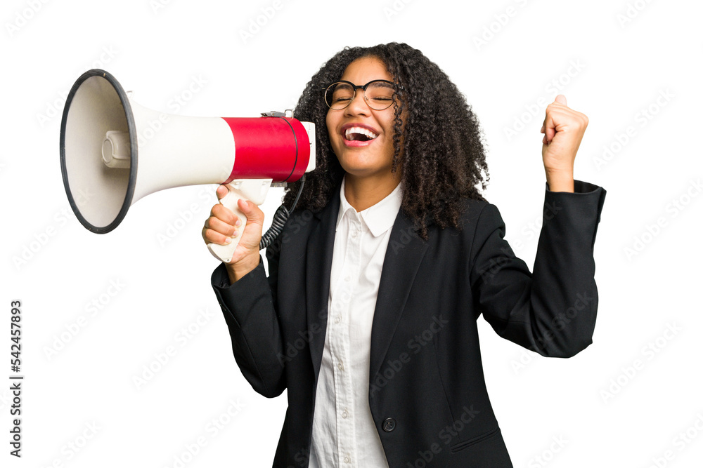 Young african american business woman holding and screaming with a megaphone isolated Young african american business woman holding and screaming with a megaphone isolated