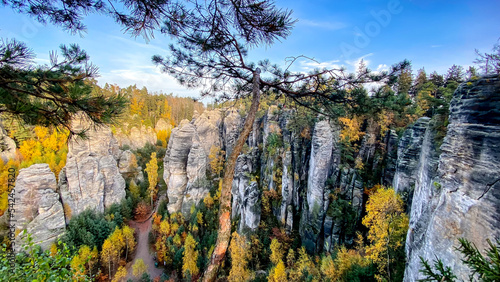 Magical autumn view of Prachov Sandstones, Bohemian paradise (Prachovské skály, Český ráj). High sandstone rocks, Czech Republic.