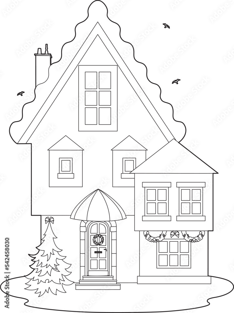 Drawing of a christmas house with a tree