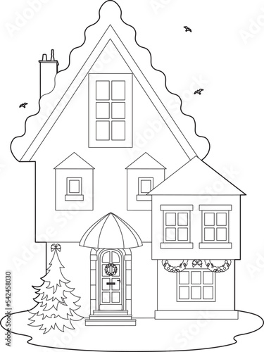 Drawing of a christmas house with a tree
