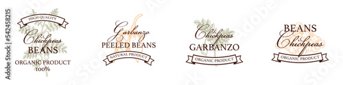 Set of hand drawn vintage chickpeas logo templates. Vector illustration in sketch stile. Botany design isolated on white