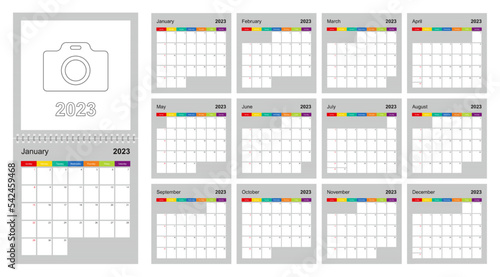 Calendar 2023 colorful design, set of 12 vector wall planner calendar pages on gray background. Week starts on Sunday.