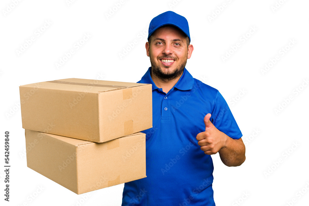 Delivery caucasian man isolated smiling and raising thumb up Delivery caucasian man isolated smiling and raising thumb up