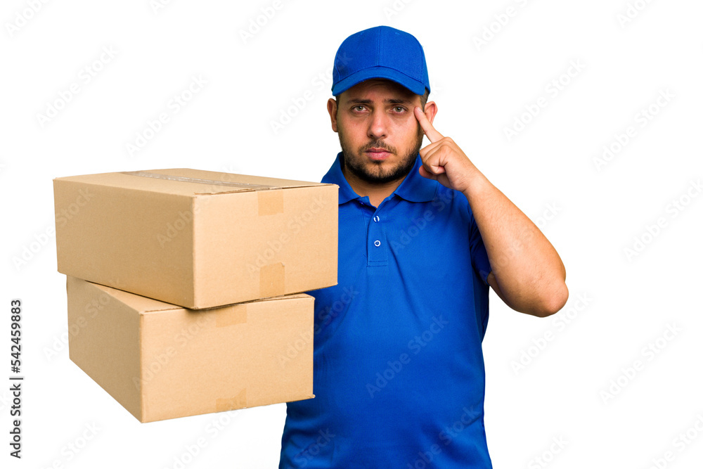 Delivery caucasian man isolated pointing temple with finger, thinking, focused on a task. Delivery caucasian man isolated pointing temple with finger, thinking, focused on a task.