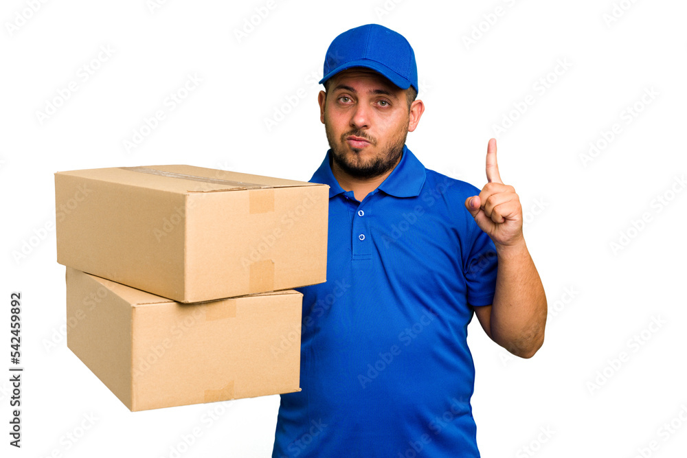 Delivery caucasian man isolated having some great idea, concept of creativity. Delivery caucasian man isolated having some great idea, concept of creativity.