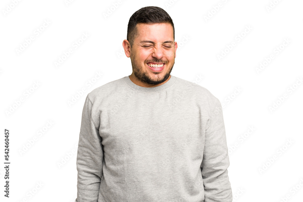 Young caucasian man isolated laughs and closes eyes, feels relaxed and happy. Young caucasian man isolated laughs and closes eyes, feels relaxed and happy.