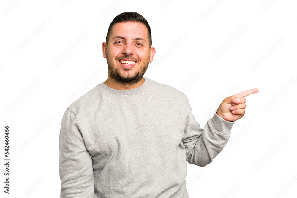 Young caucasian man isolated smiling cheerfully pointing with forefinger away. Young caucasian man isolated smiling cheerfully pointing with forefinger away.