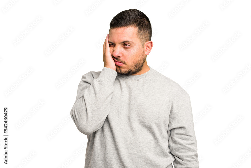 Young caucasian man isolated who feels sad and pensive, looking at copy space. Young caucasian man isolated who feels sad and pensive, looking at copy space.